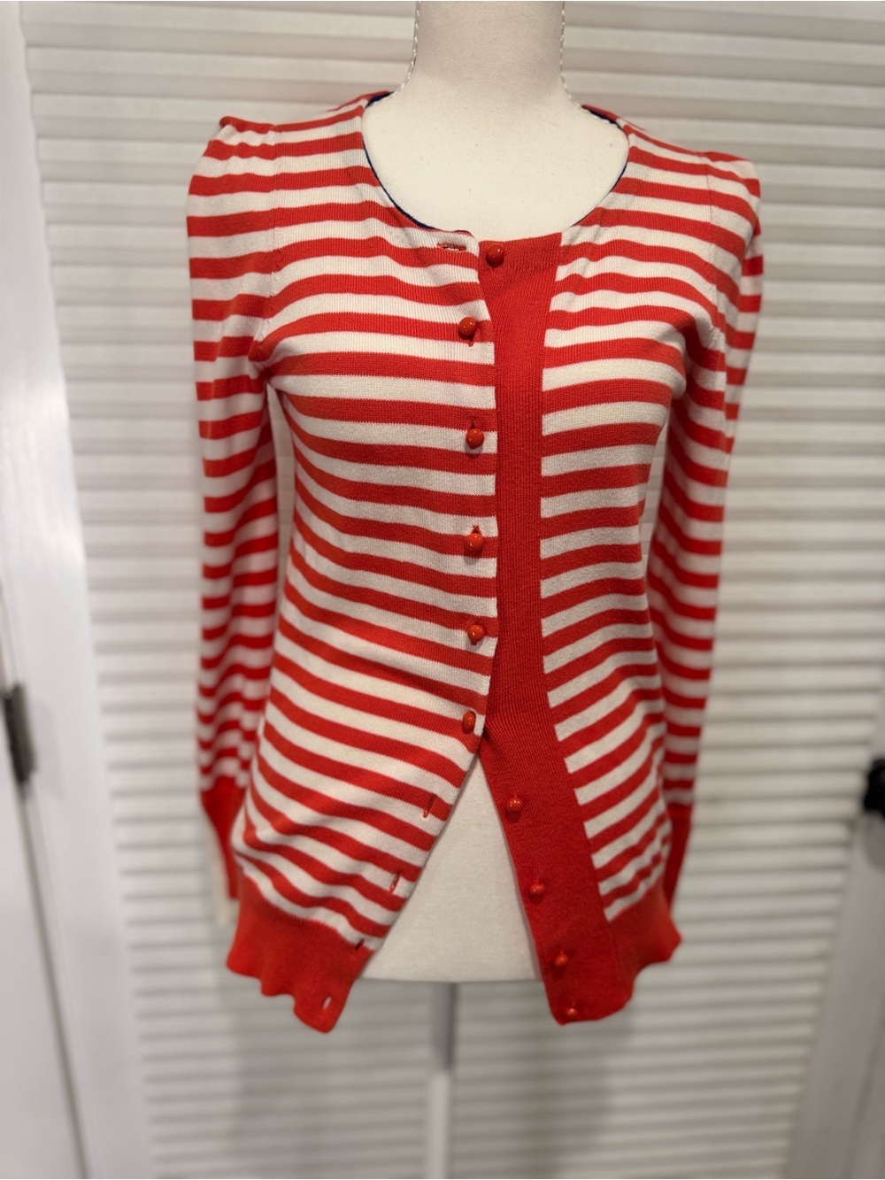 GOELIA Red and White Striped Long Sleeve Button-Up Cardigan Knit Sweater 1221